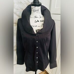 Soft Surroundings Black Rhinestone Button Shirt wired Collar Elegant
